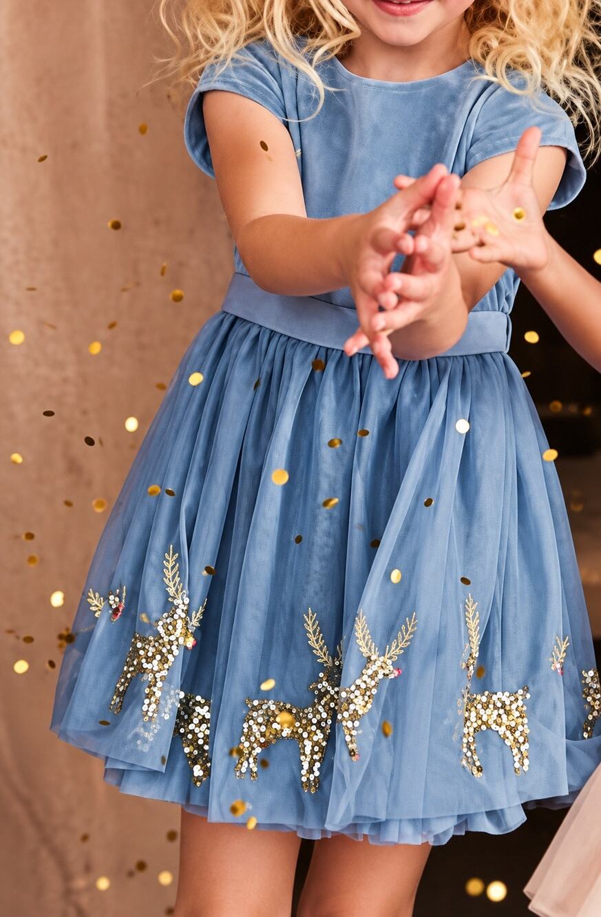 Mini Boden Girls Velvet Sequin Reindeer Tulle Party Dress Blue Size 5-6